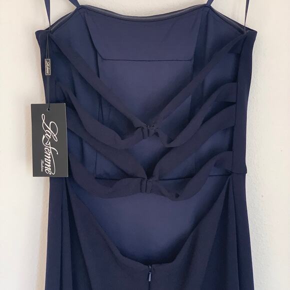 NWT La Femme 28835 Strapless Leg Slit Double Strap Back in Navy Blue - Picture 5 of 11